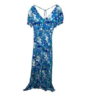 Abel the Label Anthropologie Blue Green Abstract Floral Smocked Maxi Dress Sz L
